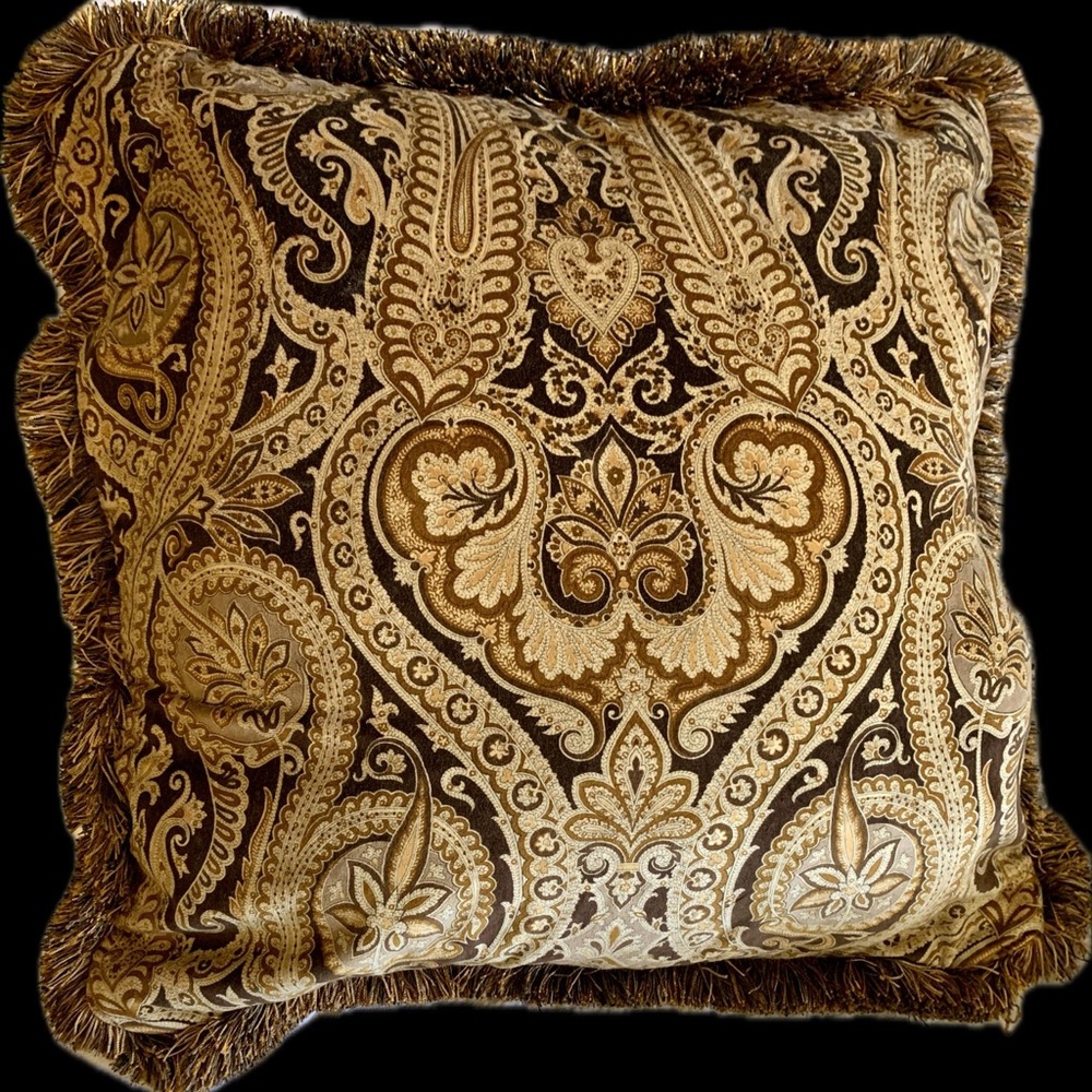 Vintage Medallion Paisley Decorative Pillow cover fringe brown gold tan 22”
